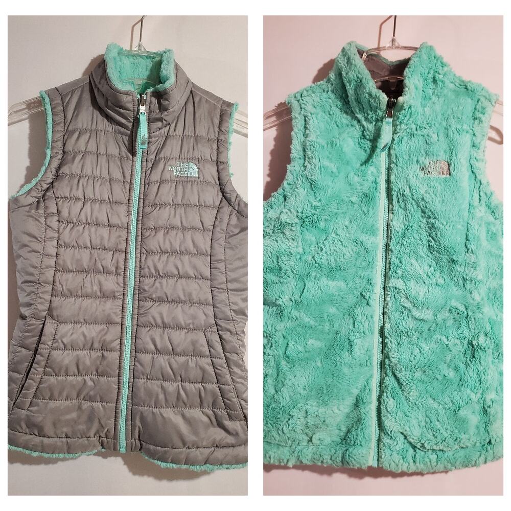 The North Face Mossbud Swirl Quilted Reversible Vest Girls Size M Gray Turquoise
